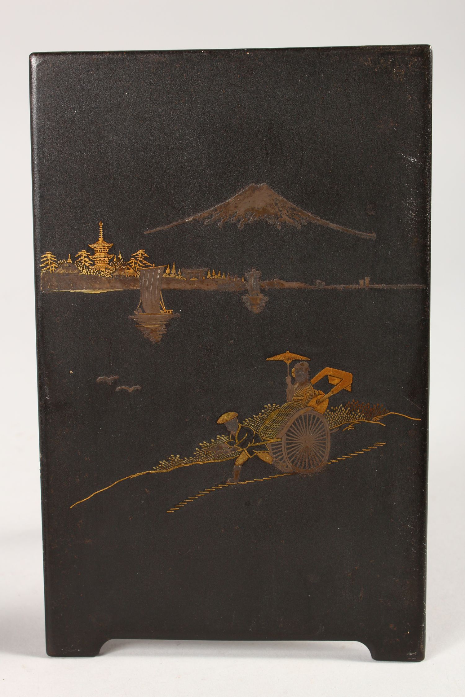 PAIR OF DAMASCENED IRON PLAQUES IN THE KOMAI STYLE, finely decorated with traditional scenes, with - Image 3 of 3