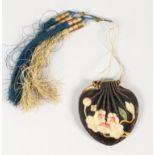 A 19TH/20TH CENTURY CHINESE EMBROIDERED SILK PURSE, with four attached tassels, the purse itself