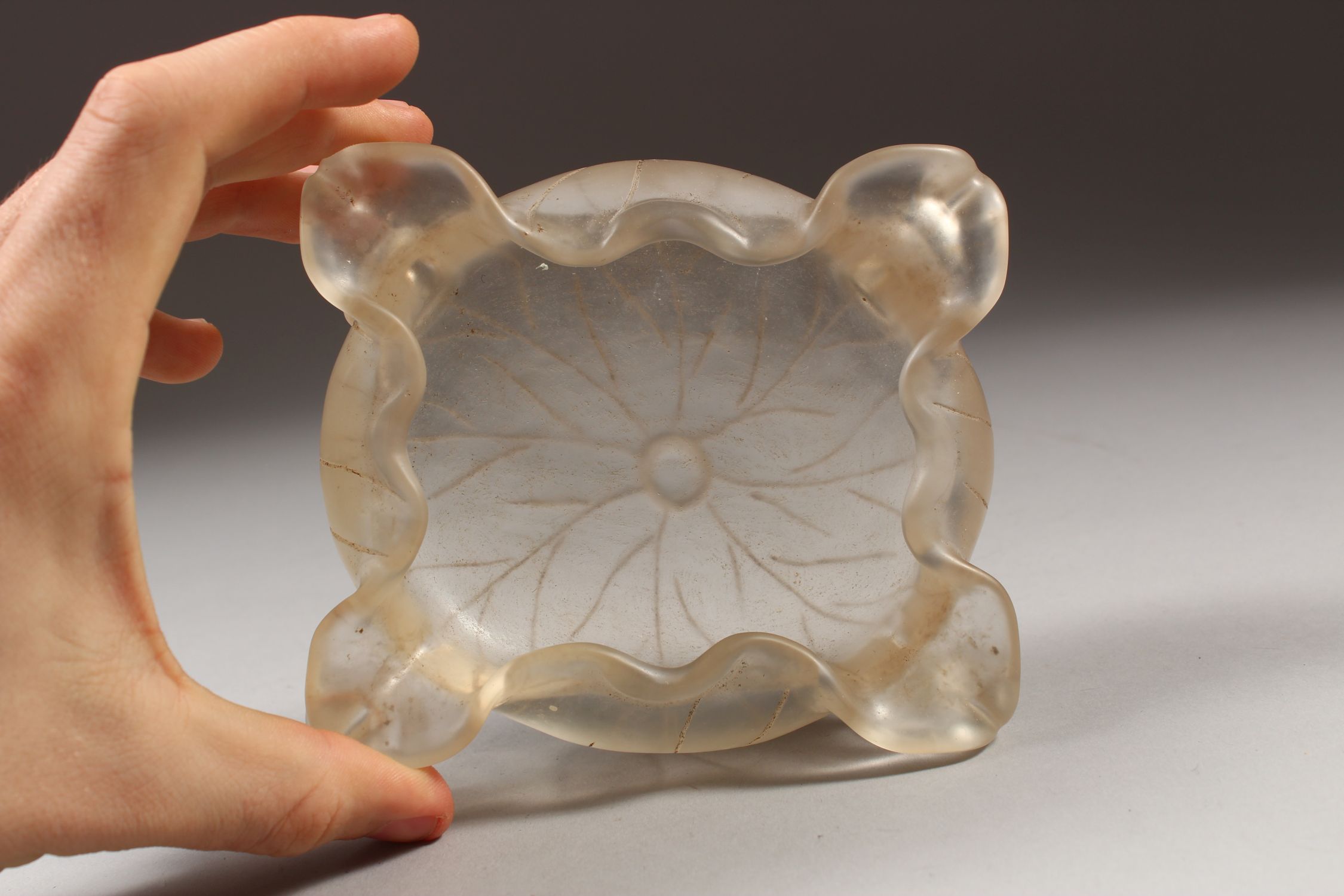 A CHINESE ROCK CRYSTAL WATER POT, with loose ring handles, carved in the form of an open lotus, 3. - Image 2 of 4