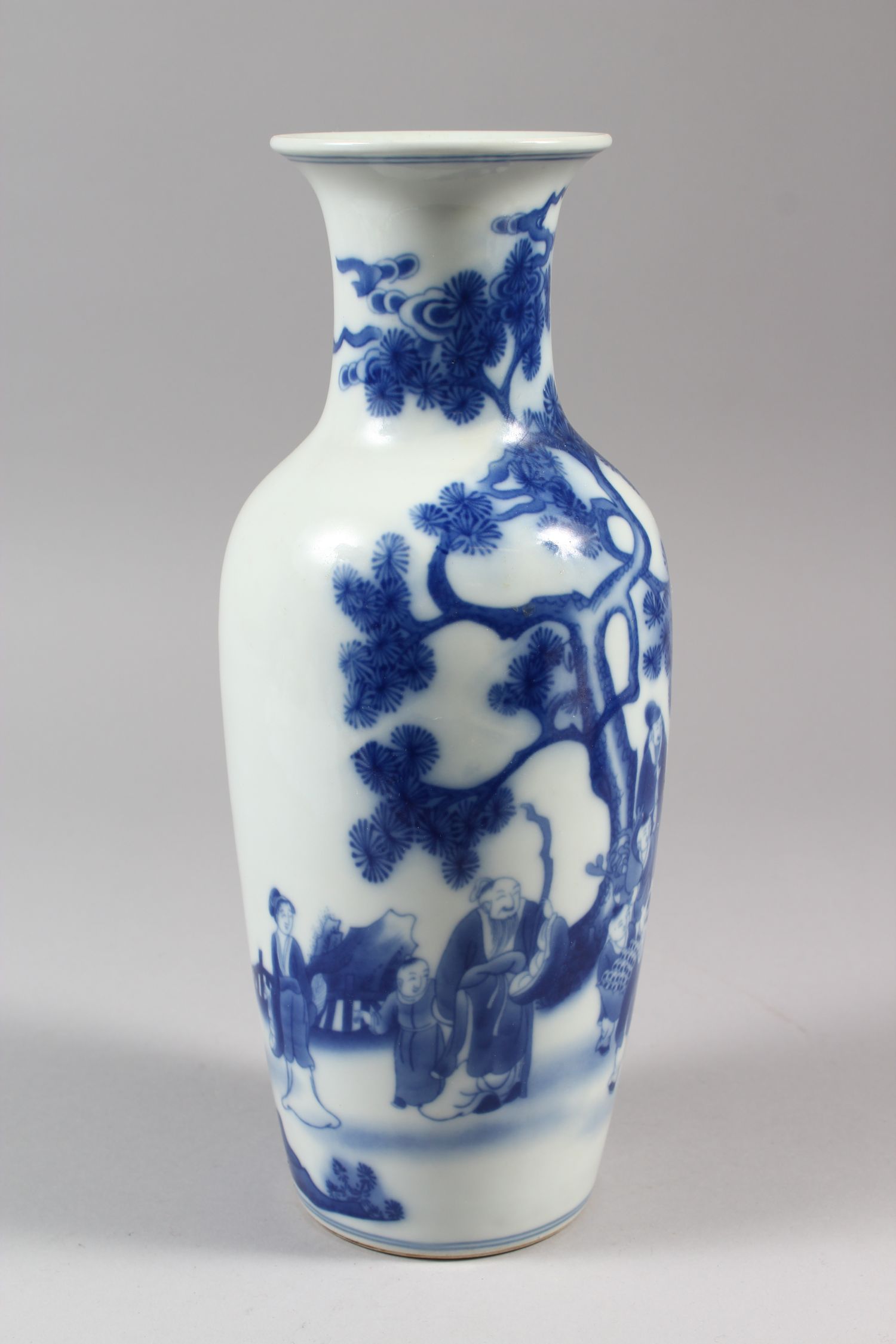 A SLENDER CHINESE BLUE AND WHITE PORCELAIN VASE, decorated with working locals surrounded by trees - Image 2 of 8