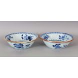 AN EARLY PAIR OF 18TH CENTURY CHINESE BLUE & WHITE PORCELAIN BOWLS, of shallow conical form and with