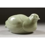 A GOOD JAPANESE CELADON STUDIO POTTERY OKIMONO OF A DOVE, artist sealed "Teraike Toshu", comes in