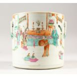 A CHINESE 19TH / 20TH CENTURY CHINESE FAMILLE VERTE PORCELAIN CIRCULAR BRUSH POT, painted decoration