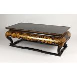 GOOD QUALITY JAPANESE GOLD LACQUER DISPLAY STAND, with a decorative scrolling apron above a cross