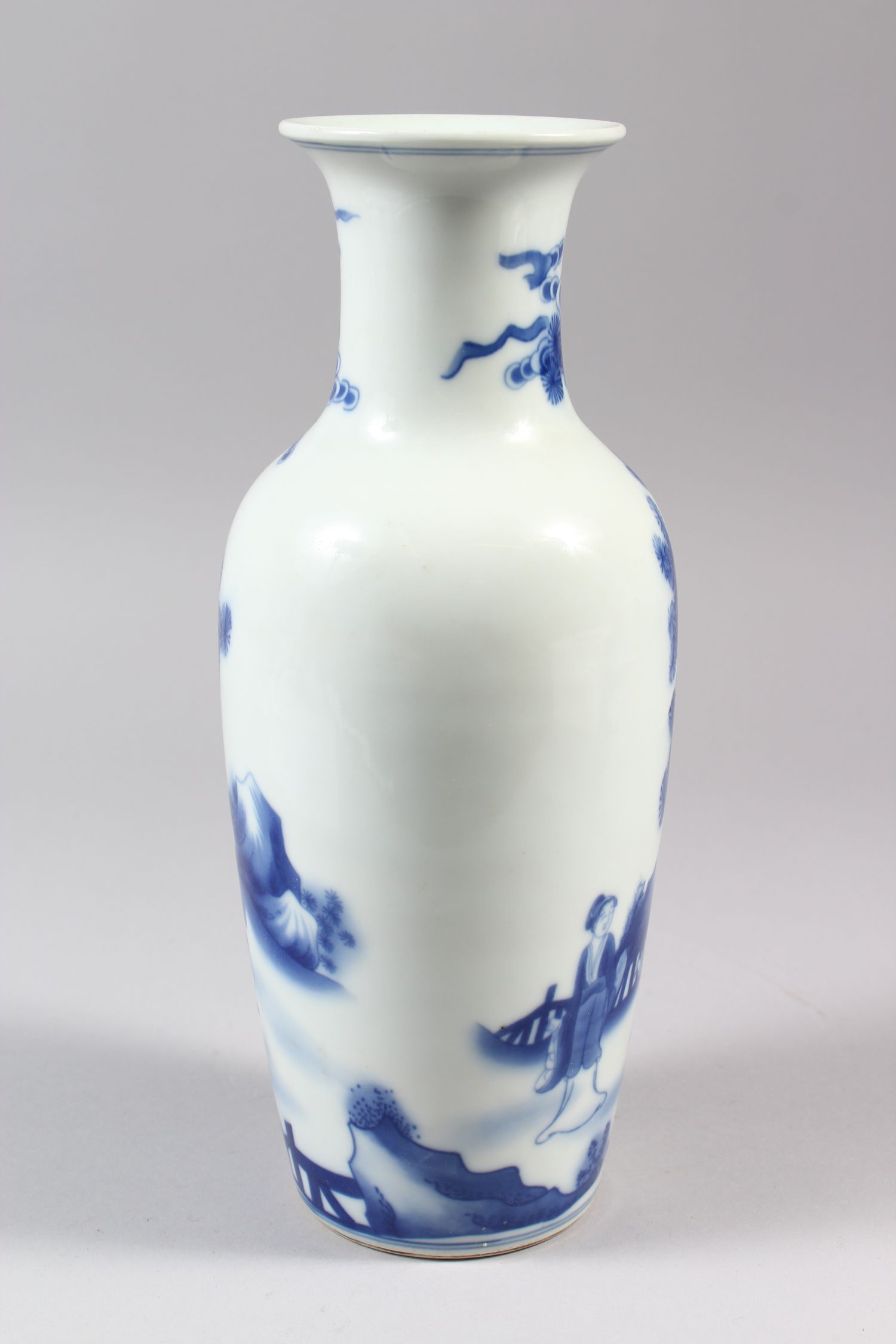 A SLENDER CHINESE BLUE AND WHITE PORCELAIN VASE, decorated with working locals surrounded by trees - Image 3 of 8