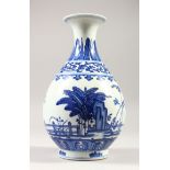 A CHINESE BLUE & WHITE PEAR-SHAPED PORCELAIN VASE, with flared rim, decorated with traditional