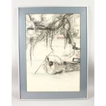 A LARGE JAPANESE IMPRESSION UKIYO-E / PRINT, depicting tranquil scenes of two boats beneath a willow