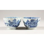 TWO 19th CENTURY CHINESE BLUE & WHITE PORCELAIN TEA BOWLS, decorated with typical village scenes,