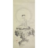 AN EARLY 20TH CENTURY JAPANESE HANGING SCROLL PAINTING ON SILK, depicting a sennin meditating on a