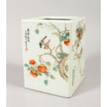 A LARGE CHINESE PORCELAIN SQUARE SECTION FAMILLE ROSE BRUSH POT, decorated to each face with birds