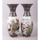 A GOOD PAIR OF FINE QUALITY JAPANESE CLOISONNE ENAMEL VASES, decorated with geese, quail and cranes