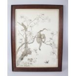 A FINE QUALITY CHINESE EMBROIDERED SILK FRAMED PICTURE OF MONKEYS UPON CHERRY BLOSSOM, the monkeys