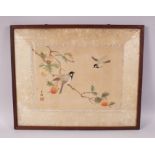 A FINE QUALITY 19th CENTURY CHINESE SILK EMBROIDERY, with scenes of two birds amongst a fruit