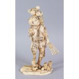 A GOOD JAPANESE CARVED IVORY OKIMONO, man stood with flowers in a basket upon his back, rake in