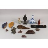 A QUANTITY OF SUNDRY ORIENTAL ITEMS, including tile fragments, a Thai wood deity, two Chinese vases,