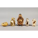 A GROUP OF FIVE JAPANESE CARVED IVORY NETSUKE / OKIMONO, including one of the seven lucky gods -