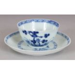 A MID-18TH CENTURY CHINESE NANKING CARGO BLUE & WHITE PORCELAIN TEA BOWL & SAUCER, each piece