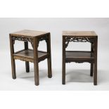 ANOTHER GOOD PAIR OF CHINESE HARDWOOD STANDS, featuring a single central shelf with a carved