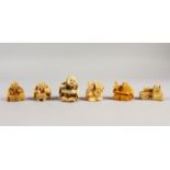 A GROUP OF SIX JAPANESE CARVED IVORY NETSUKE, all depicting seated Japanese elders working, some