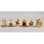 A GROUP OF SIX JAPANESE POLYCHROMED IVORY NETSUKES, including one of the seven lucky gods - Jurojin,