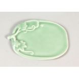 A CHINESE PORCELAIN CELADON GLAZED BRUSH WASHER, in the form of a lotus pad with an insect, four-