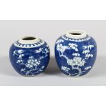 TWO CHINESE BLUE AND WHITE PORCELAIN JARS, decorated with floral scenes, the larger 11cm high, 10.