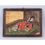 A GOOD CHINESE SOAPSTONE HAND PAINTED FRAMED PICTURE, depicting a lady led upon her side holding a