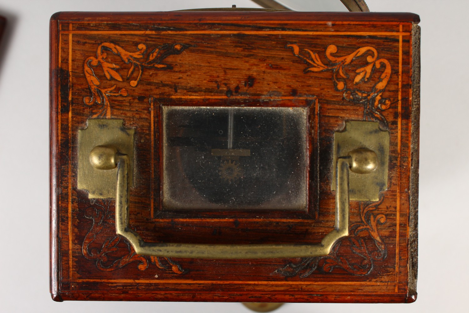 A 19TH CENTURY ROSEWOOD INLAID CLOCK, with white dial, Roman numerals and carrying handle. 18cms - Image 7 of 12