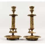 A PAIR OF FRENCH CAST BRASS CANDLESTICKS, with pierced stems. 27cms high.