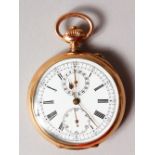 A 19TH CENTURY GOLD CHRONOMETER POCKET WATCH, with subsidiary stopwatch dial and seconds dial, white