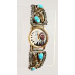 AN INDIAN SILVER AND TURQUOISE WATCH.