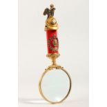 A VERY GOOD "FABERGE" DESIGN SILVER GILT AND ENAMEL MAGNIFYING GLASS, the handle modelled as a