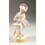 A SMALL 19TH CENTURY MEISSEN PORCELAIN FIGURE OF A YOUNG LADY laying cards on a table. Cross