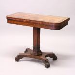A REGENCY ROSEWOOD AND BRASS INLAID FOLD-OVER CARD TABLE, baize lined, hexagonal column support,