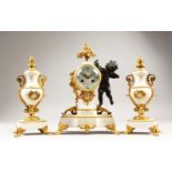 A LOUIS XVI STYLE WHITE MARBLE, BRONZE AND ORMOLU GARNITURE, comprising drum clock with bronze