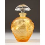 A LALIQUE STYLE AMBER SCENT BOTTLE AND STOPPER. 11cms high.
