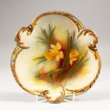 A HADLEY'S WORCESTER SHAPED PLATE, painted with daffodils. 21cms.