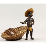 A COLD PAINTED BRONZE, modelled as a boy selling seafood from a basket. 11cms high.