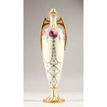 A TALL SLENDER MINTON TWO-HANDLED VASE, painted with roses with gilt handles. 27cms high. AF. Knop