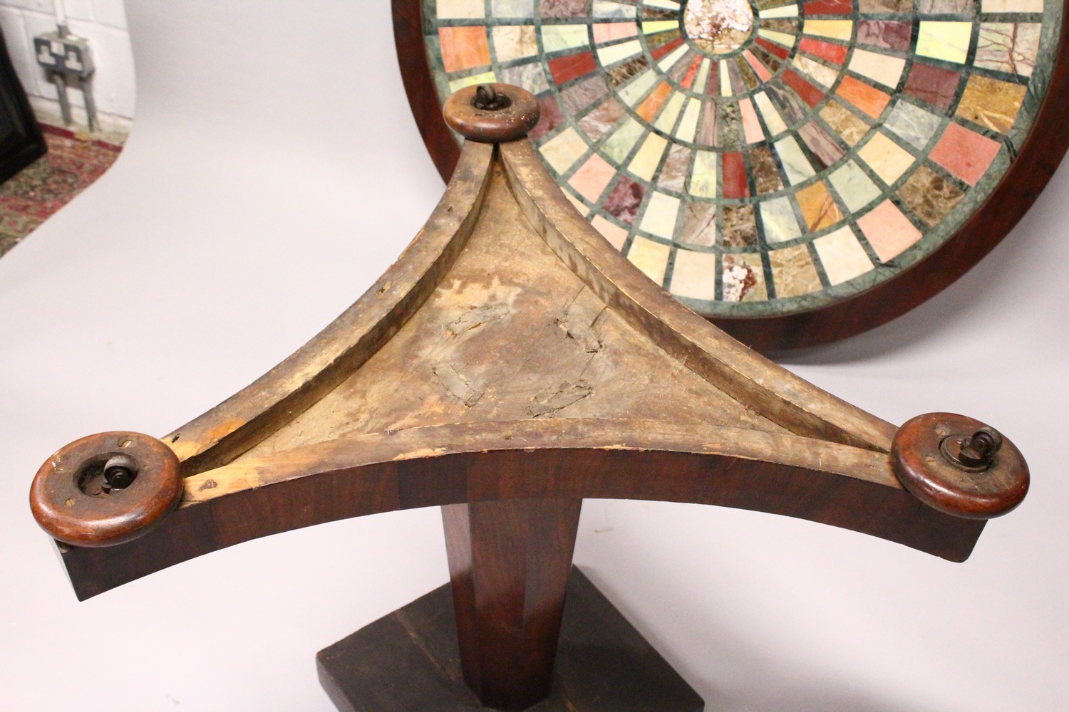 A 19TH CENTURY MAHOGANY PEDESTAL CENTRE TABLE, with a circular specimen marble top, supported on - Image 6 of 29