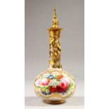 A GOOD 19TH CENTURY BOTTLE VASE, CIRCA. 1840, with ormolu mount and stopper, the body with gilt