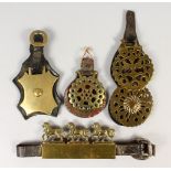 TWO ANTIQUE HORSE BRASSES ON LEATHER, a double horse brass on leather and another with three