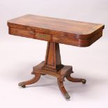 A REGENCY ROSEWOOD AND BRASS INLAID FOLD-OVER CARD TABLE, with baize lined surface, tapering