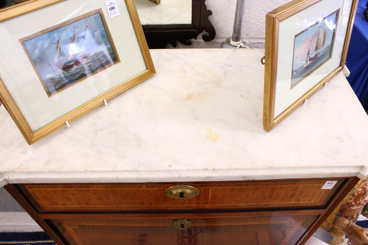 AN 18TH CENTURY DUTCH INLAID MAHOGANY ESCRITOIRE with marble top, small drawer over a fall front - Image 4 of 4