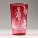 A VICTORIAN MARY GREGORY CRANBERRY TUMBLER, CIRCA. 1880, painted with a boy. 3.5ins high.