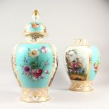 A LARGE PAIR OF BERLIN DESIGN GINGER JARS AND COVERS, pained with reverse panels of figures and