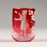 A VICTORIAN MARY GREGORY CRANBERRY TANKARD, CIRCA. 1880, painted with a girl.