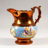 A 19TH CENTURY ENGLISH COPPER LUSTRE JUG. 15.5cms high.