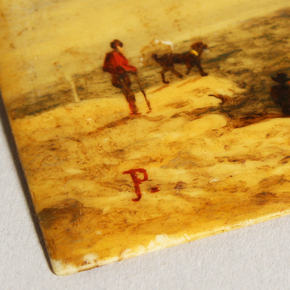 AN IVORY PLAQUE, painted with a classical harbour. Monogrammed P. 5.5cms x 9.5cms. - Image 2 of 7
