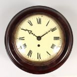 A MAHOGANY CASED CIRCULAR WALL CLOCK, with fusee movement. 30cms diameter.